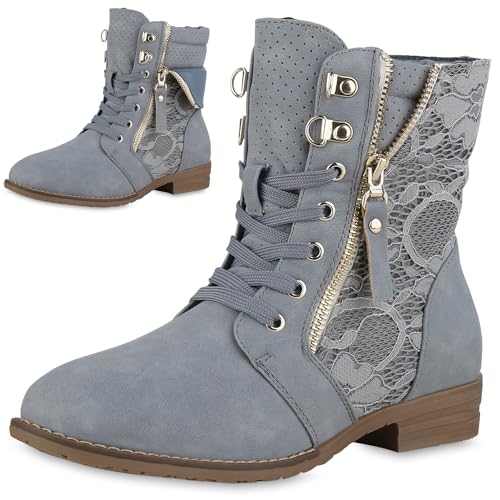 VAN HILL Damen Schnürstiefeletten Blockabsatz Spitze Trendy Schuhe 214099 Himmelblau 41 von VAN HILL