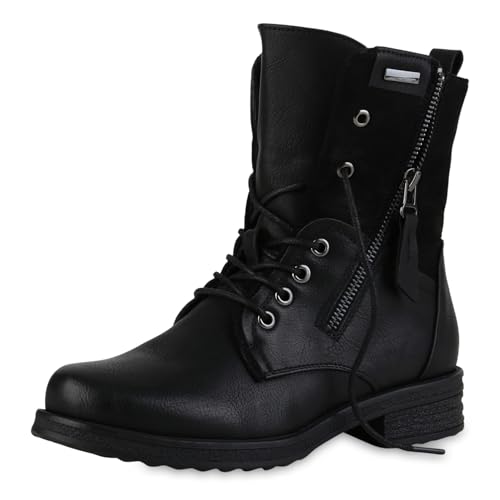 VAN HILL Damen Schnürstiefeletten Blockabsatz Zipper Trendy Schuhe 216379 Schwarz 39 von VAN HILL