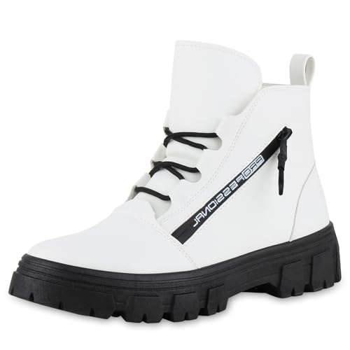 VAN HILL Damen Schnürstiefeletten Blockabsatz Zipper Trendy Schuhe 216495 Weiss 37 von VAN HILL