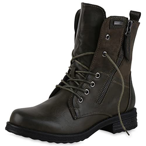 VAN HILL Damen Schnürstiefeletten Leicht Gefüttert Zipper Stiefeletten Blockabsatz Schnürer Schuhe 209191 Olivgrün Kroko 37 von VAN HILL