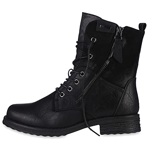 VAN HILL Damen Schnürstiefeletten Leicht Gefüttert Zipper Stiefeletten Blockabsatz Schnürer Schuhe 610437 Schwarz 42 von VAN HILL