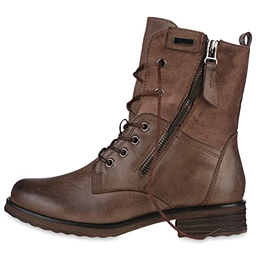 VAN HILL Damen Schnürstiefeletten Leicht Gefüttert Zipper Stiefeletten Blockabsatz Schnürer Schuhe 610439 Khaki 38 von VAN HILL