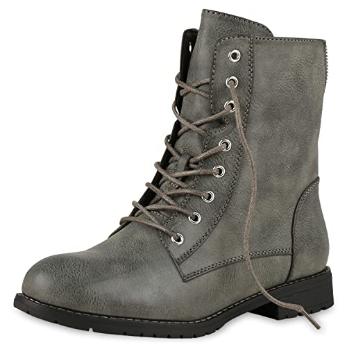 VAN HILL Damen Schnürstiefeletten Profil Sohle Stiefeletten Leder-Optik 150109 Grau 37 von VAN HILL