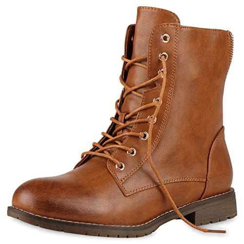 VAN HILL Damen Schnürstiefeletten Profil Sohle Stiefeletten Leder-Optik 150111 Braun 39 von VAN HILL