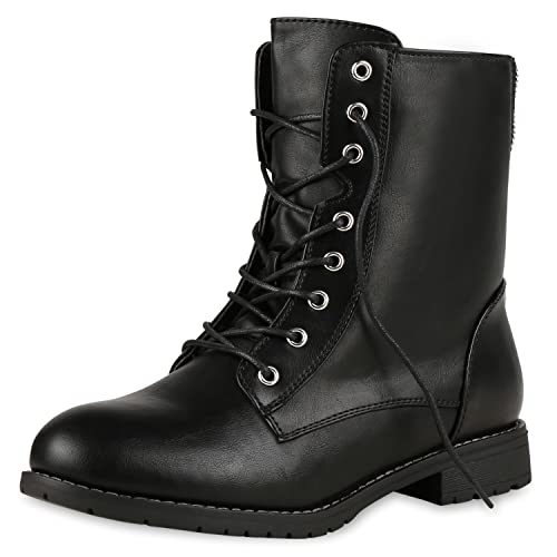 VAN HILL Damen Schnürstiefeletten Profil Sohle Stiefeletten Leder-Optik 196671 Schwarz Grau Silber 37 von VAN HILL