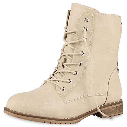 VAN HILL Damen Schnürstiefeletten Profilsohle Schnürer Leder-Optik Stiefeletten Freizeit Booties Herbst Schuhe 610610 Beige 38 von VAN HILL