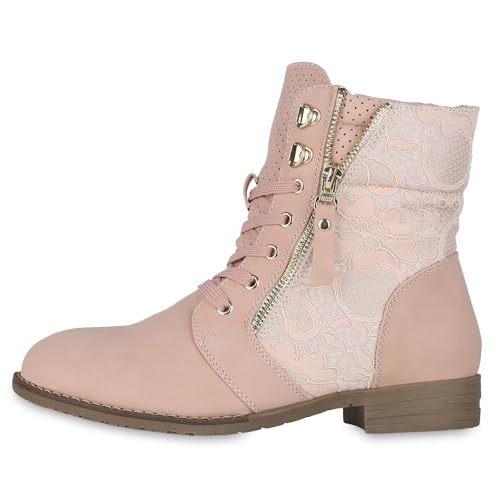 VAN HILL Damen Schnürstiefeletten Spitze Stiefeletten Zipper Worker Boot 179131 Rosa 39 von VAN HILL