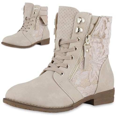 VAN HILL Damen Schnürstiefeletten Spitze Stiefeletten Zipper Worker Boot 610580 Creme 42 von VAN HILL