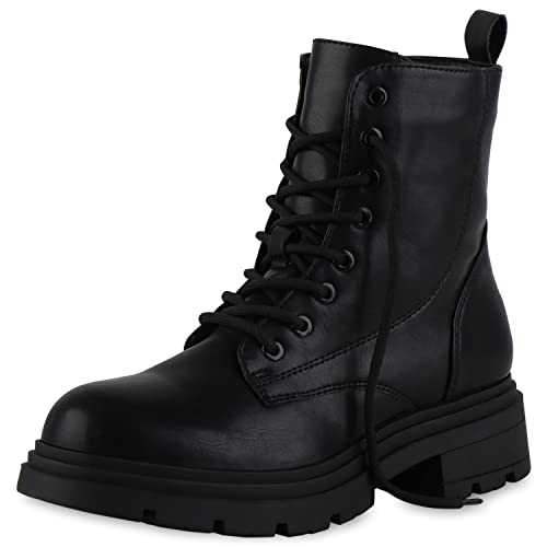 VAN HILL Damen Schnürstiefeletten Stiefeletten Blockabsatz Freizeit Schuhe Profil-Sohle Schnürer Plateau Vorne Booties 207106 Schwarz 37 von VAN HILL