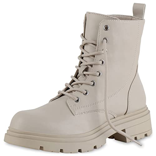 VAN HILL Damen Schnürstiefeletten Stiefeletten Blockabsatz Freizeit Schuhe Profil-Sohle Schnürer Plateau Vorne Booties 207107 Beige 39 von VAN HILL