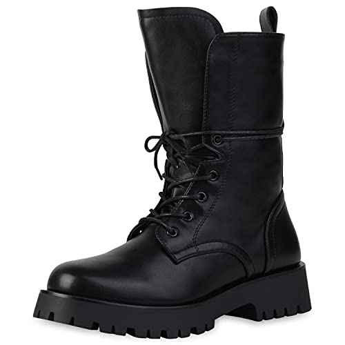 VAN HILL Damen Schnürstiefeletten Stiefeletten Blockabsatz Profilsohle Schuhe Plateau Vorne Stiefel Leder-Optik Schnürschuhe 201129 Schwarz 36 von VAN HILL