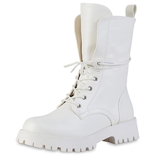 VAN HILL Damen Schnürstiefeletten Stiefeletten Blockabsatz Profilsohle Schuhe Plateau Vorne Stiefel Leder-Optik Schnürschuhe 201856 Weiss 36 von VAN HILL