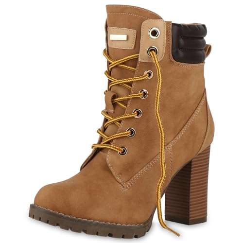 VAN HILL Damen Schnürstiefeletten Worker Boots Stiefeletten Block Absatz 150553 Braun 36 von VAN HILL