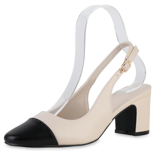 VAN HILL Damen Slingpumps Blockabsatz Lack Klassisch Schuhe 215147 Beige Schwarz 38 von VAN HILL