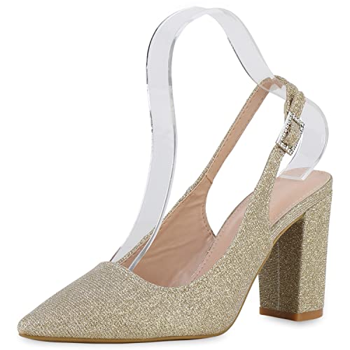 VAN HILL Damen Slingpumps Pumps Blockabsatz Schuhe Party Schließe Slingback Abendschuhe Glitzer Absatzschuhe 210321 Gold 41 von VAN HILL