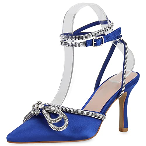 VAN HILL Damen Slingpumps Pumps Stiletto Schuhe Party Absatzschuhe Elegante Satinoptik Abendschuhe Strass Schleifen Partyschuhe 210406 Blau 37 von VAN HILL