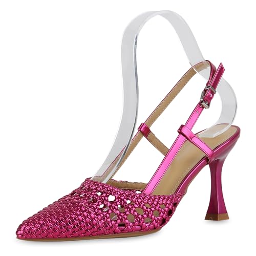 VAN HILL Damen Slingpumps Stiletto Basic Party Schuhe 214198 Fuchsia Metallic 37 von VAN HILL