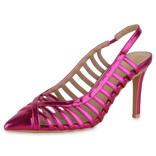 VAN HILL Damen Slingpumps Stiletto Basic Party Schuhe 215093 Fuchsia Metallic 38 von VAN HILL