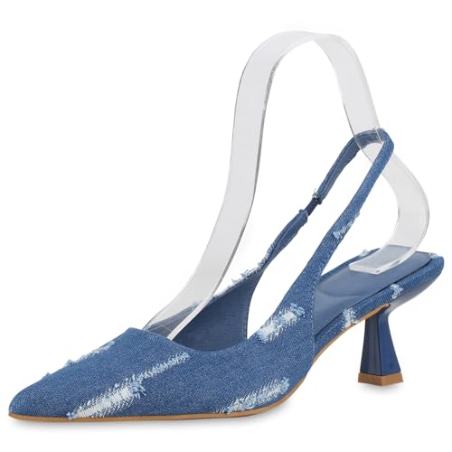 VAN HILL Damen Slingpumps Stiletto Denim Trendy Schuhe 213681 Dunkelblau 37 von VAN HILL