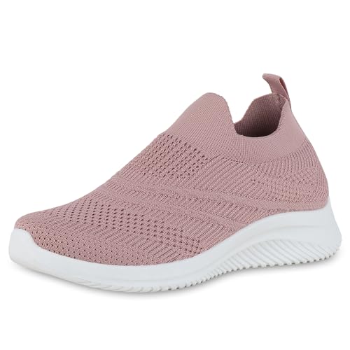 VAN HILL Damen Slip Ons Flach Strick Sportlich Schuhe 214439 Altrosa 37 von VAN HILL