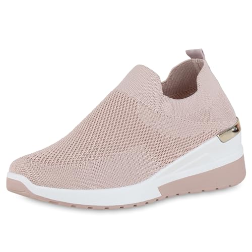 VAN HILL Damen Slip Ons Keilabsatz Strick Sportlich Schuhe 214507 Rosa 38 von VAN HILL