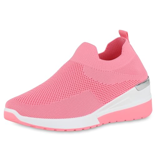 VAN HILL Damen Slip Ons Keilabsatz Strick Sportlich Schuhe 214508 Neon Pink 39 von VAN HILL