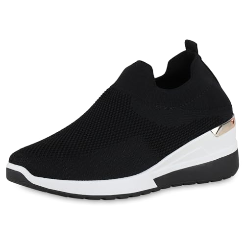 VAN HILL Damen Slip Ons Keilabsatz Strick Sportlich Schuhe 214510 Schwarz Weiss 38 von VAN HILL