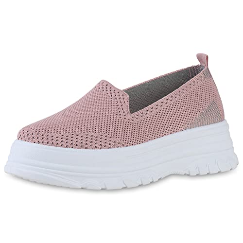 VAN HILL Damen Slip Ons Sneaker Blockabsatz Schuhe Freizeit Slippers Profilsohle Schlupfschuhe Strick Freizeitschuhe 212132 Altrosa 39 von VAN HILL