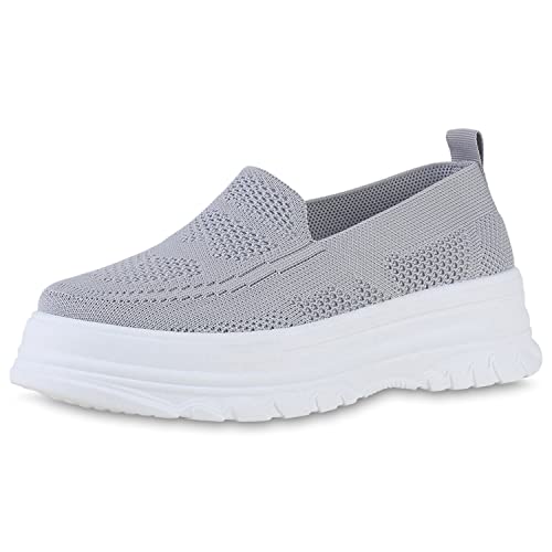 VAN HILL Damen Slip Ons Sneaker Blockabsatz Strick Schlupfschuhe Plateau Vorne Freizeitschuhe Profilsohle Schuhe 840405 212630 Grau 38 von VAN HILL