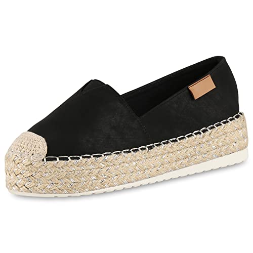 VAN HILL Damen Slippers Espadrilles Bast Schuhe Metallic Plateau Freizeitschuhe Profilsohle Sommer Schlupfschuhe 203709 Schwarz 38 von VAN HILL