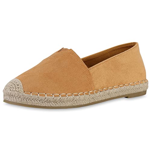 VAN HILL Damen Slippers Espadrilles Freizeit Sommer Schuhe Flache Bast Slip Ons Schlupfschuhe 211689 Hellbraun 39 von VAN HILL