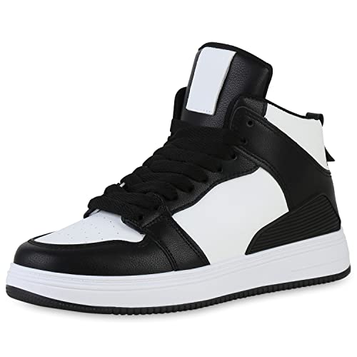 VAN HILL Damen Sneaker High Bequeme Schuhe Flache Schnürer Profilsohle Schnürschuhe Freizeitschuhe 211463 Schwarz Weiss 36 von VAN HILL