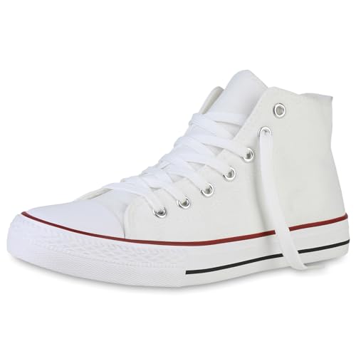 VAN HILL Damen Sneaker High Bequeme Stoffschuhe Flache Basic Schnürschuhe Flats Schuhe Schnürer Freizeitschuhe 203922 Weiss Rot 38 von VAN HILL