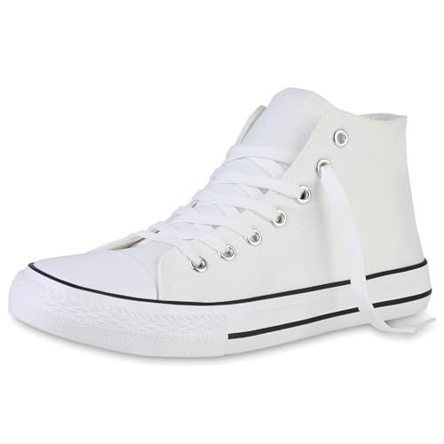 VAN HILL Damen Sneaker High Bequeme Stoffschuhe Flache Basic Schnürschuhe Flats Schuhe Schnürer Freizeitschuhe 203925 Weiss Schwarz 36 von VAN HILL