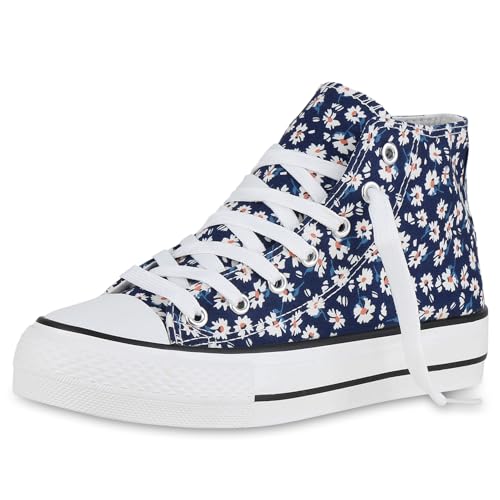 VAN HILL Damen Sneaker High Flach Blumen Bequem Schuhe 215604 Dunkelblau 40 von VAN HILL