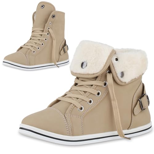 VAN HILL Damen Sneaker High Flach Schnallen Bequem Schuhe 214102 Beige 41 von VAN HILL