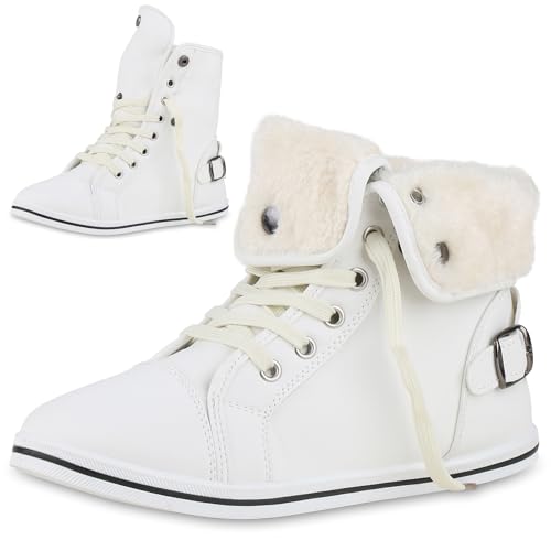 VAN HILL Damen Sneaker High Flach Schnallen Bequem Schuhe 214103 Weiss 41 von VAN HILL