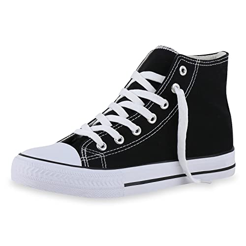 VAN HILL Damen Sneaker High Flache Schnürer Bequeme Basic Freizeit Schuhe Stoff Schnürschuhe 212650 Schwarz 38 von VAN HILL