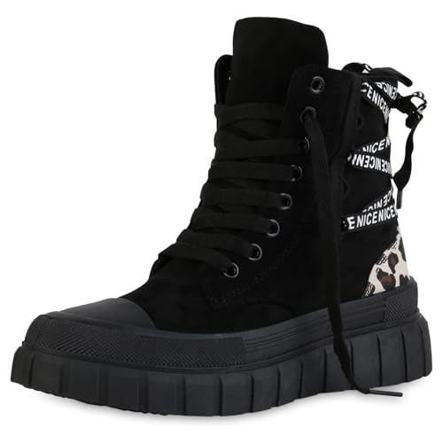 VAN HILL Damen Sneaker High Keilabsatz Prints Trendy Schuhe 216861 Schwarz Leopard 41 von VAN HILL