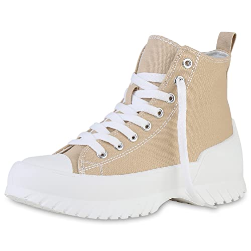 VAN HILL Damen Sneaker High Profilsohle Schuhe Freizeit Schnürer Bequeme Stoffschuhe Freizeit Schnürschuhe 211873 Beige 37 von VAN HILL