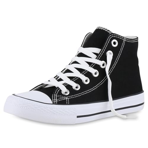 VAN HILL Damen Sneaker High Schnürer Bequeme Basic Freizeit Stoff Schuhe 215927 Schwarz Weiss 36 von VAN HILL