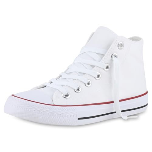VAN HILL Damen Sneaker High Schnürer Bequeme Basic Freizeit Stoff Schuhe 215928 Weiss Rot 42 von VAN HILL