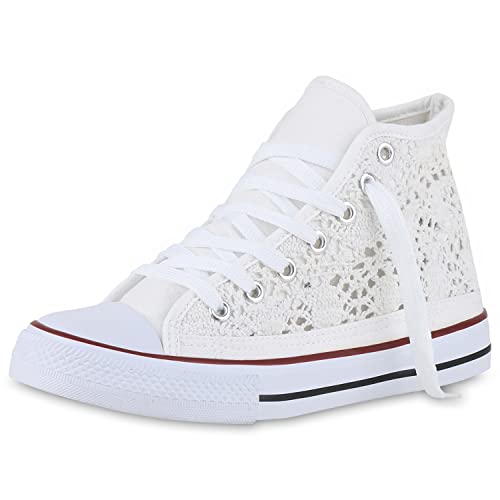 VAN HILL Damen Sneaker High Schuhe Flache Schnürer Bequeme Freizeitschuhe Spitze Stoff Schnürschuhe 212475 Weiss 40 von VAN HILL