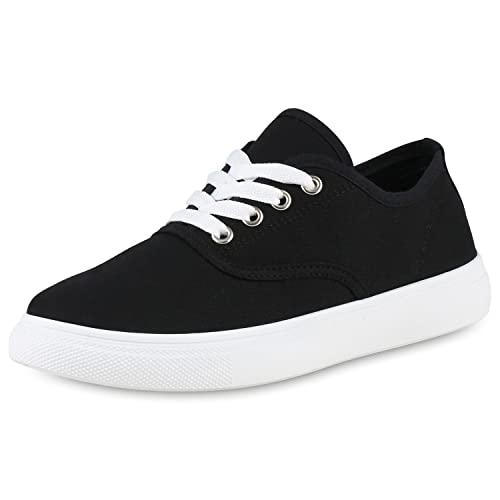 VAN HILL Damen Sneaker Low Bequeme Freizeit Schuhe Flache Basic Schnürer Stoffschuhe Schnürschuhe 206095 Schwarz Weiss 40 von VAN HILL