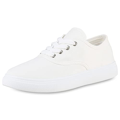 VAN HILL Damen Sneaker Low Bequeme Freizeit Schuhe Flache Basic Schnürer Stoffschuhe Schnürschuhe 206097 Weiss 36 von VAN HILL