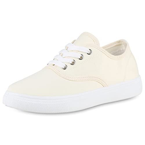 VAN HILL Damen Sneaker Low Bequeme Freizeit Schuhe Flache Basic Schnürer Stoffschuhe Schnürschuhe 206099 Creme 36 von VAN HILL