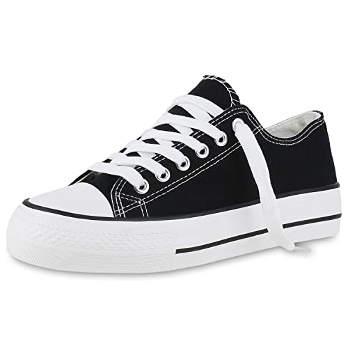 VAN HILL Damen Sneaker Low Bequeme Plateau Schuhe Freizeit Schnürer Basic Plateauschuhe Stoff Schnürschuhe 212516 Schwarz 37 von VAN HILL