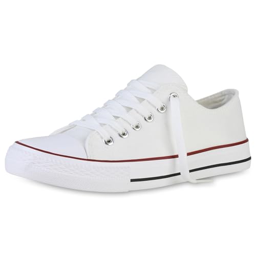 VAN HILL Damen Sneaker Low Bequeme Schnürer Flache Basic Schuhe Freizeit Stoffschuhe Schnürschuhe 203886 Weiss Rot 38 von VAN HILL