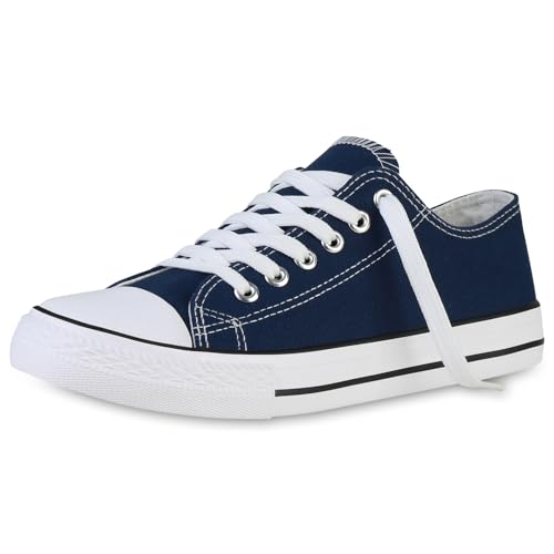 VAN HILL Damen Sneaker Low Bequeme Schnürer Flache Basic Schuhe Freizeit Stoffschuhe Schnürschuhe 203888 Dunkelblau 37 von VAN HILL