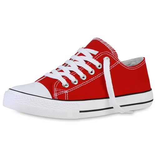 VAN HILL Damen Sneaker Low Bequeme Schnürer Flache Basic Schuhe Freizeit Stoffschuhe Schnürschuhe 203890 Rot 39 von VAN HILL